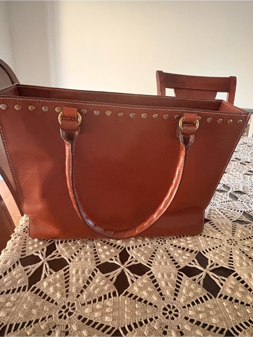 Patricia Nash Cognac Leather Shoulder Tote with Stud Trim